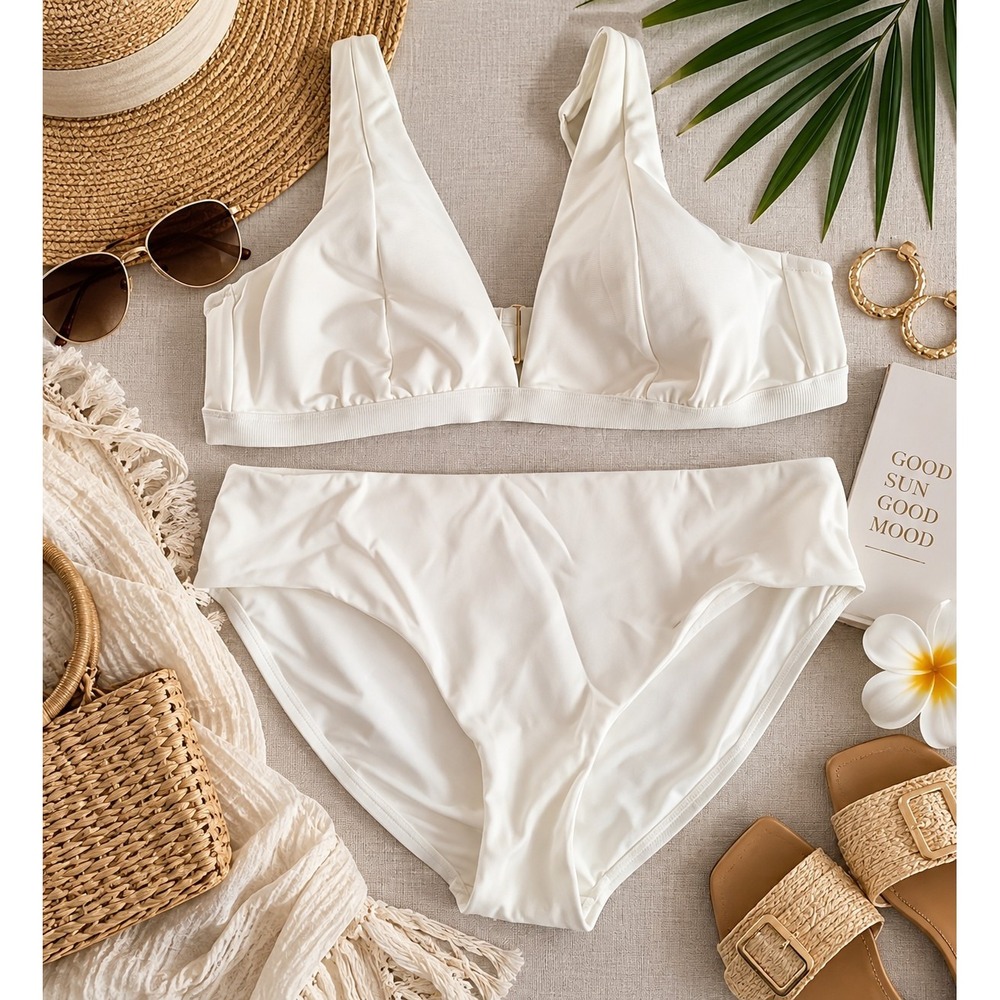 Plus Size 2X White Bikini Set NWT Triangle Top Mid Rise Bottom Swimwear